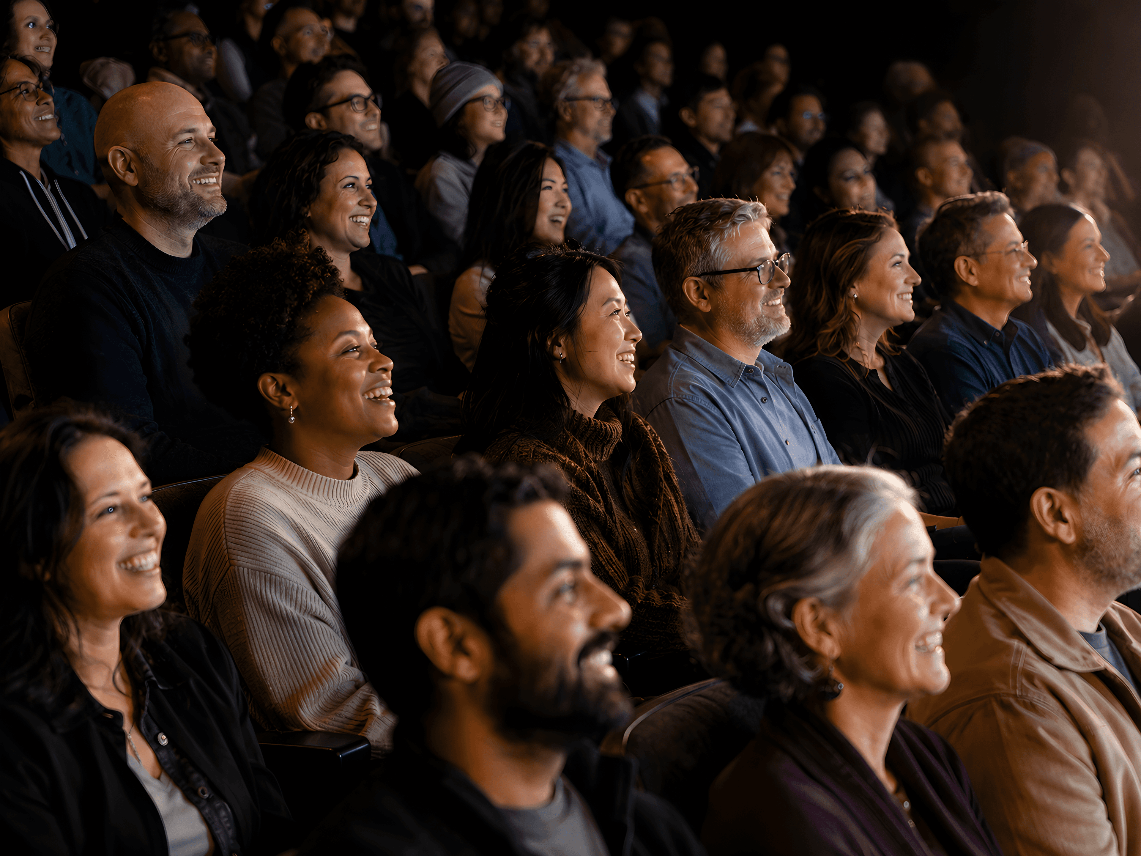Diverse audience members smiling and looking intently at a brightly lit stage.
