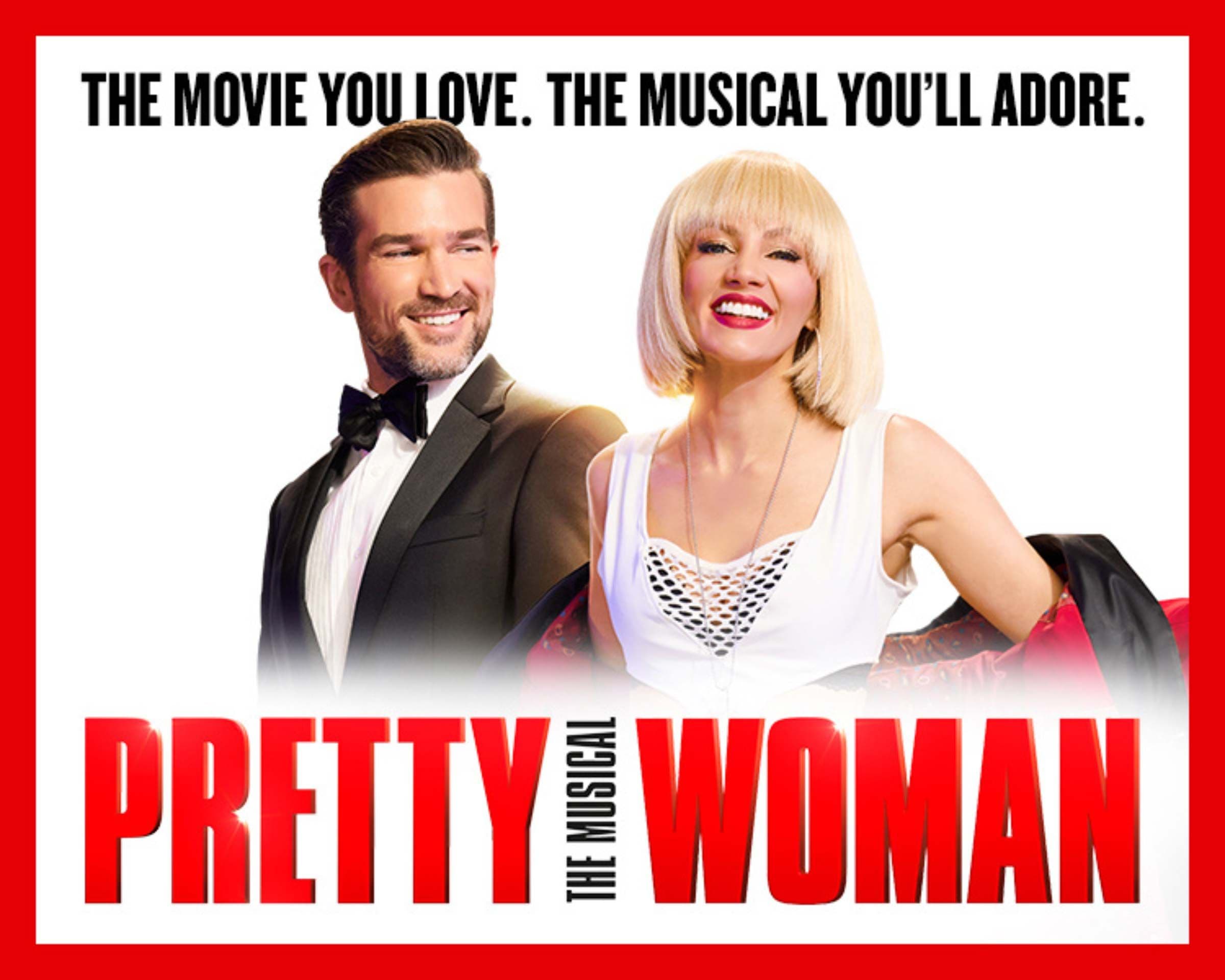 Horizontal poster for Pretty Woman The Musical with text and smiling lead actors.