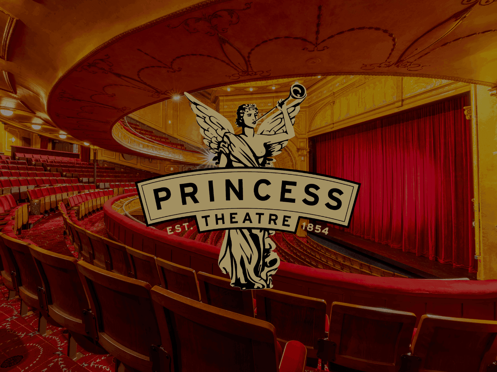Princess Theatre logo overlaying an empty theatre interior with red seats and stage.