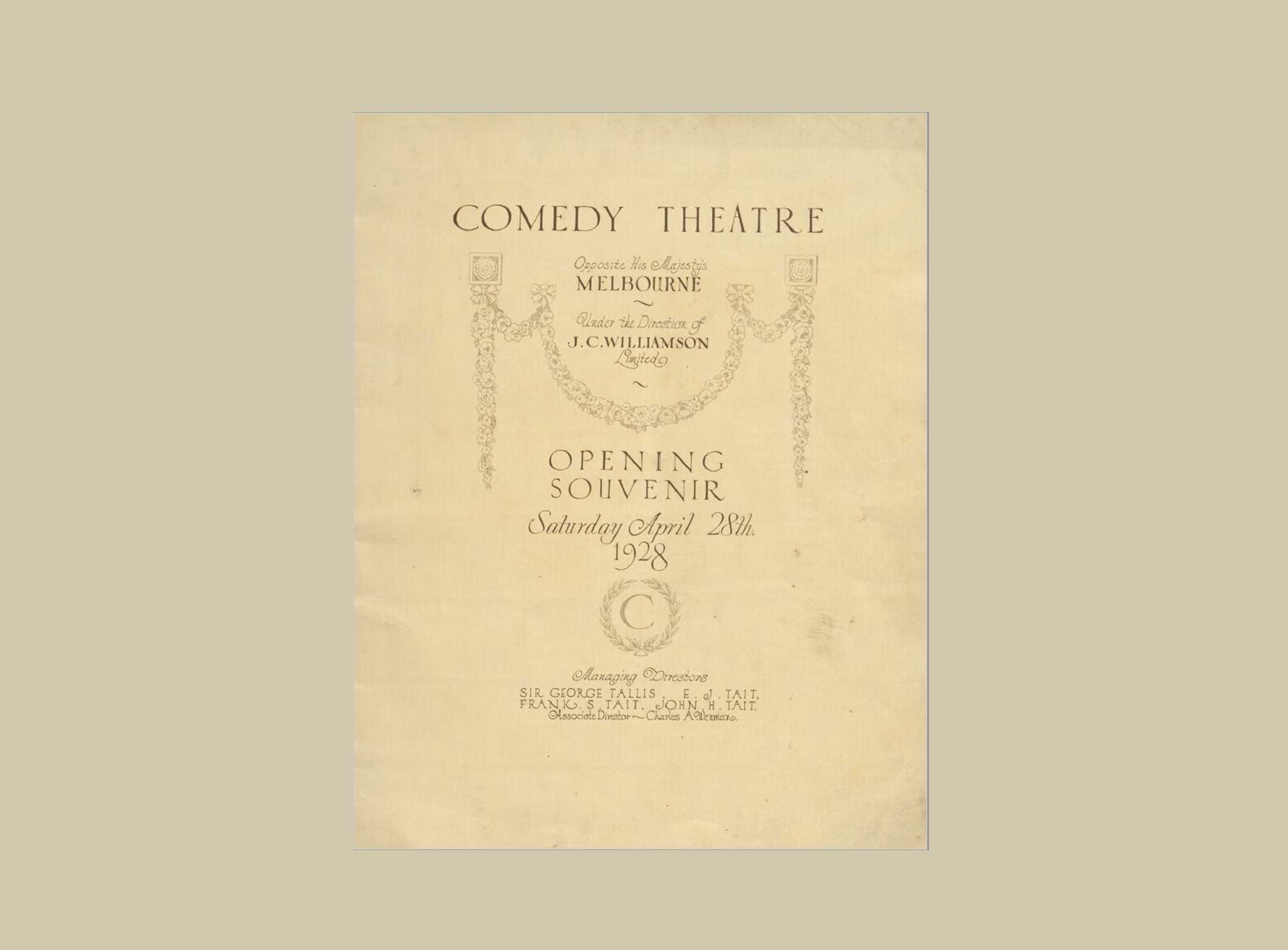 Cream-colored Comedy Theatre 'Opening Souvenir' program from Saturday April 20th, 1905.