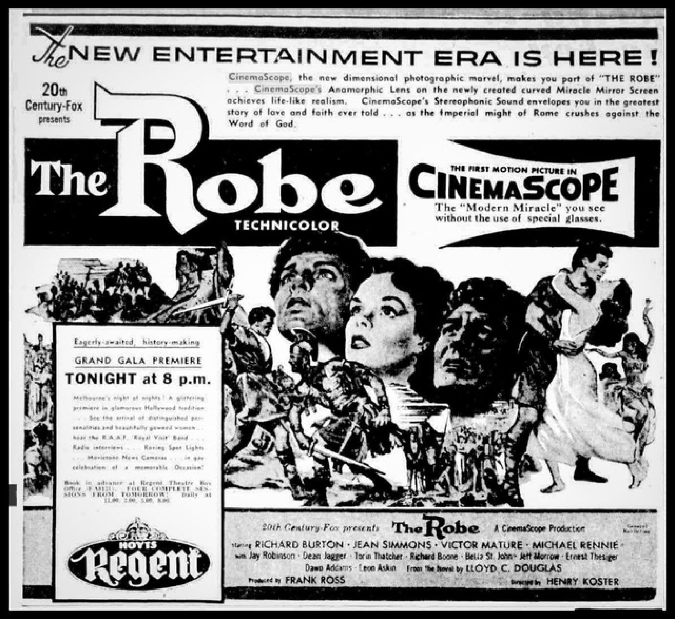Black and white movie advertisement for "The Robe" in Cinemascope, showing actors and text.
