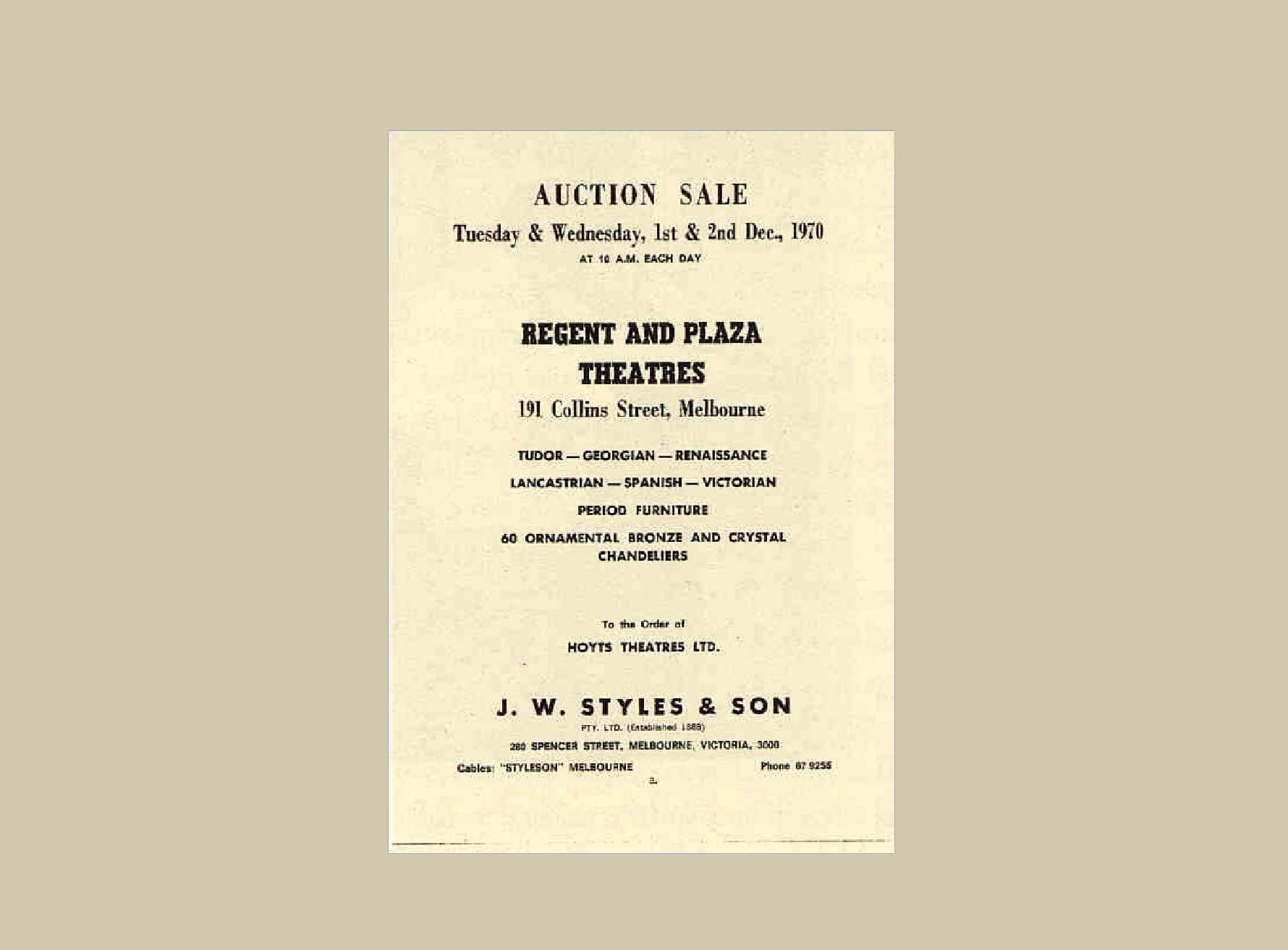 Vintage flyer advertising an auction sale for Regent and Plaza Theatres, December 1930.