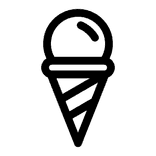 Line art icon depicting a single scoop of ice cream in a waffle cone.