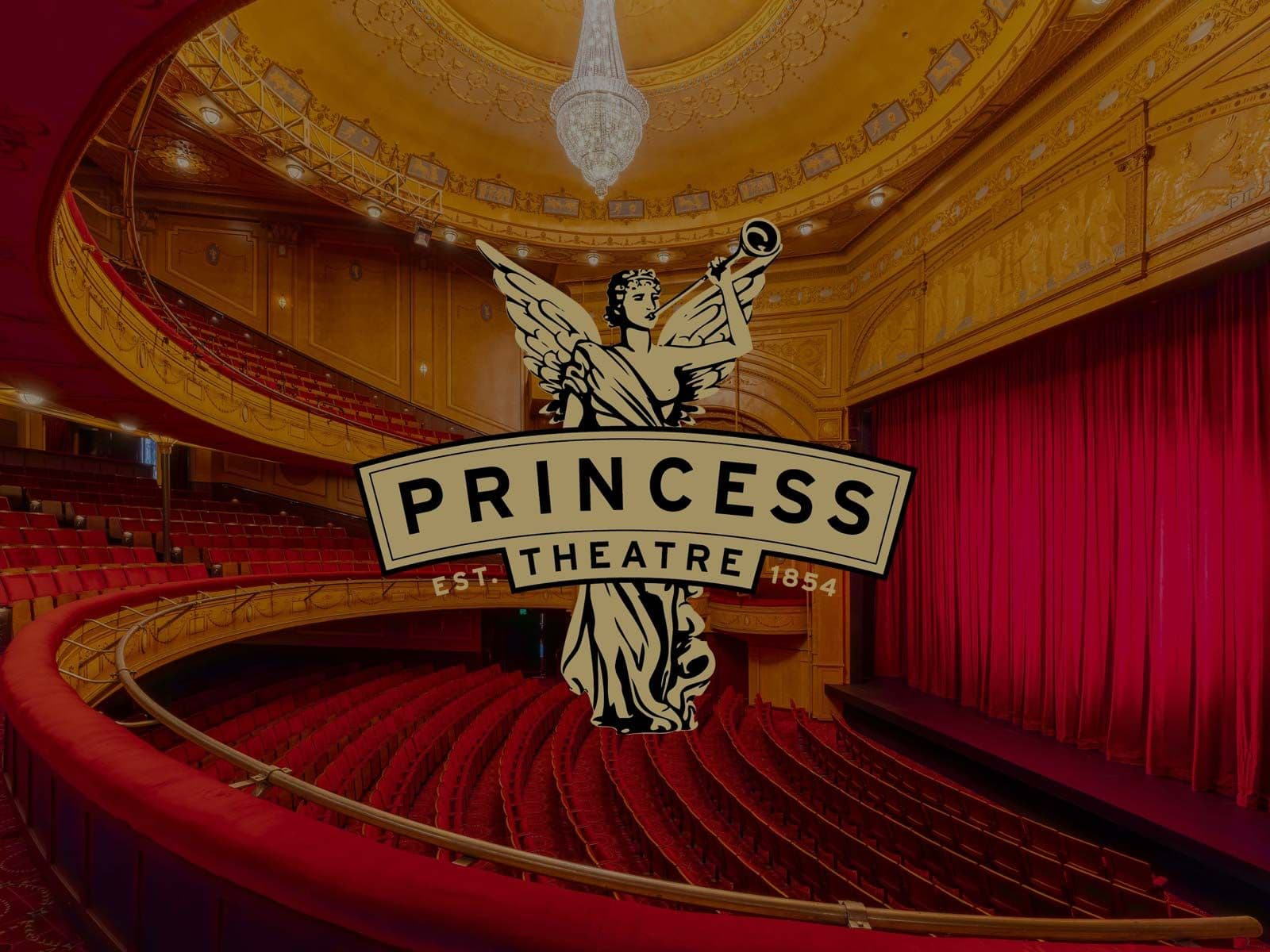 Grand theatre interior with red seating, ornate ceilings, and Princess Theatre logo.