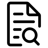 Outline icon of a document with text lines and a magnifying glass over it.