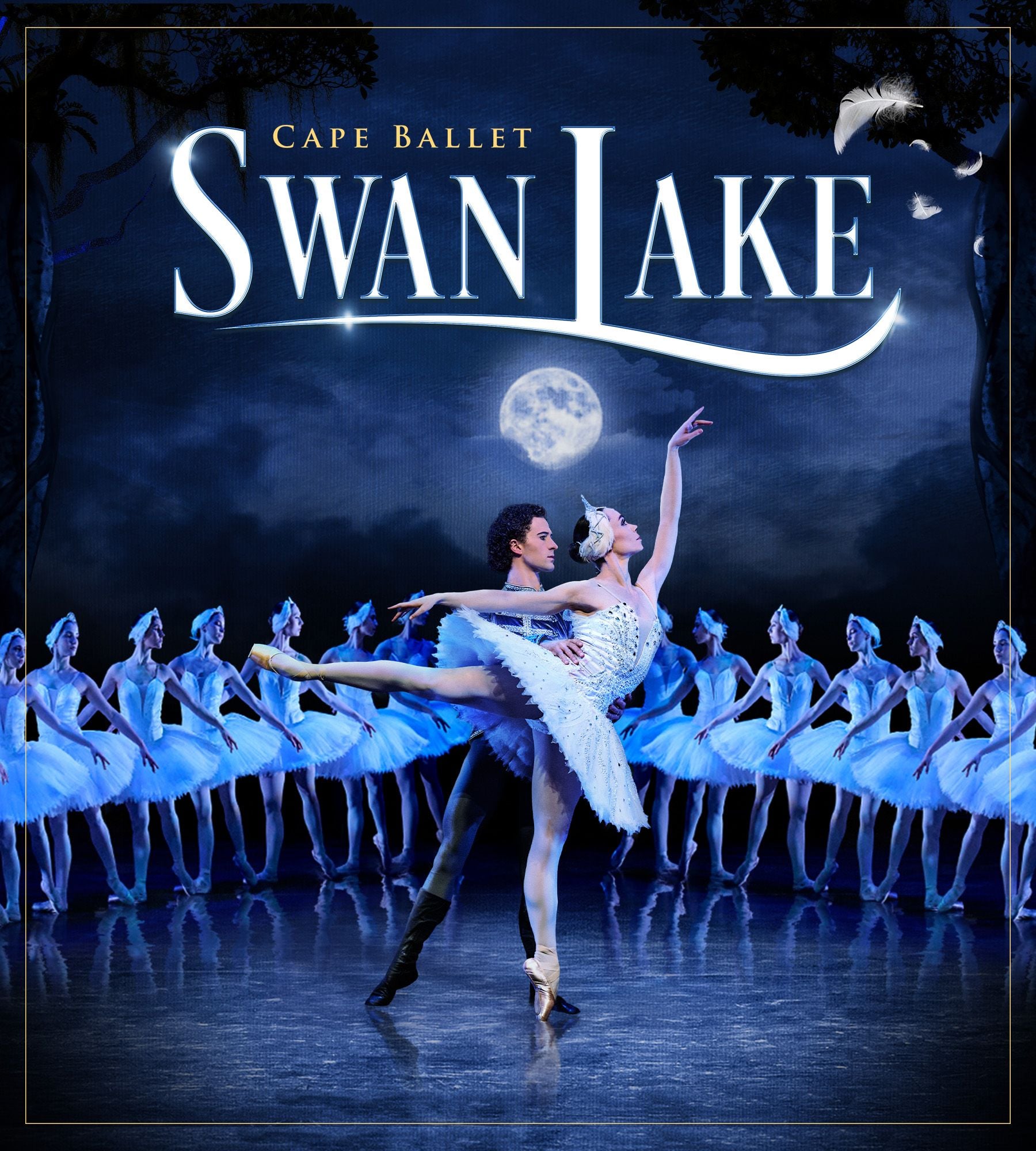 Lead ballet dancers pose with a chorus and full moon, promoting "SWAN LAKE".