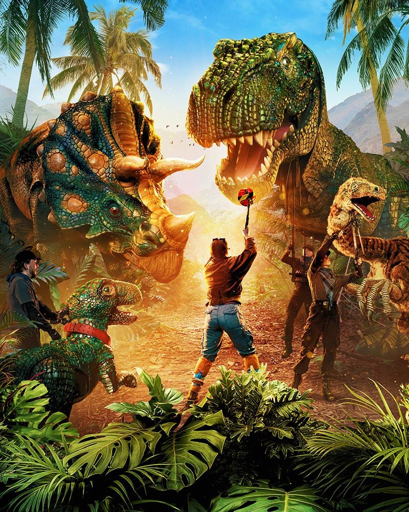 A man faces a roaring T-Rex and Triceratops in a vibrant prehistoric jungle scene.