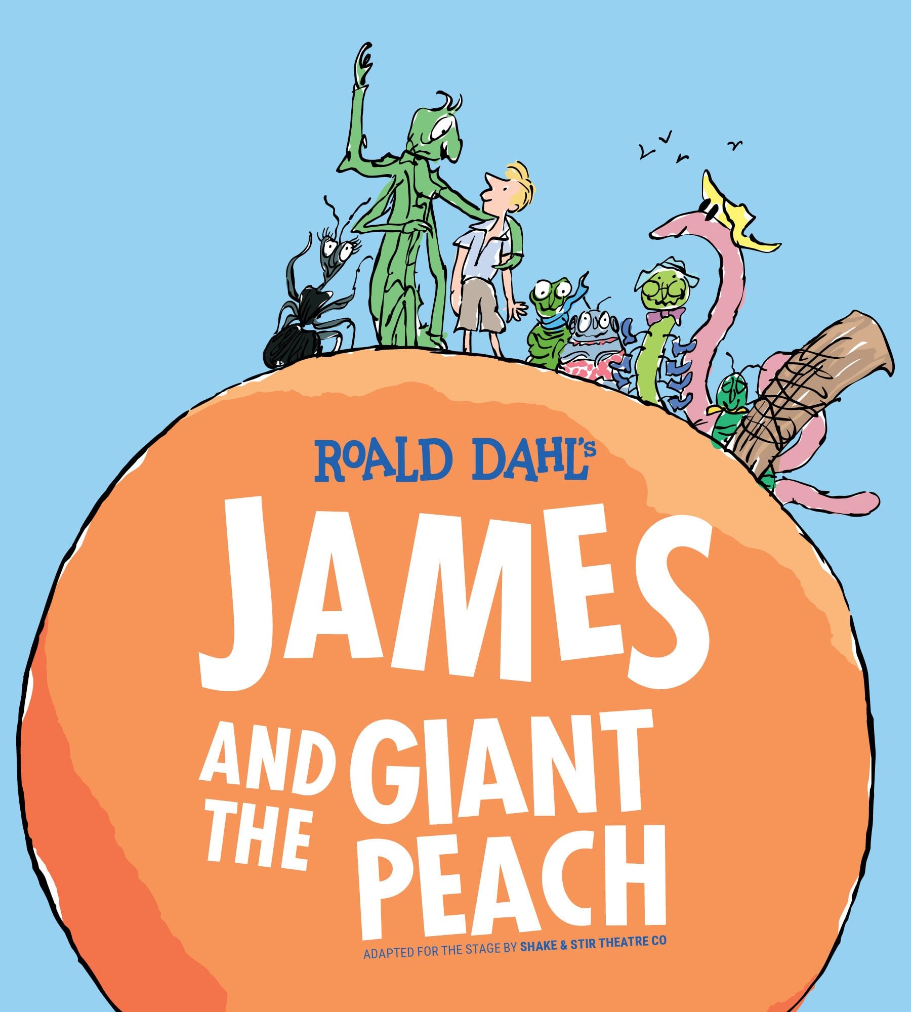 Book cover for Roald Dahl's 'James and the Giant Peach' with characters on a large peach.
