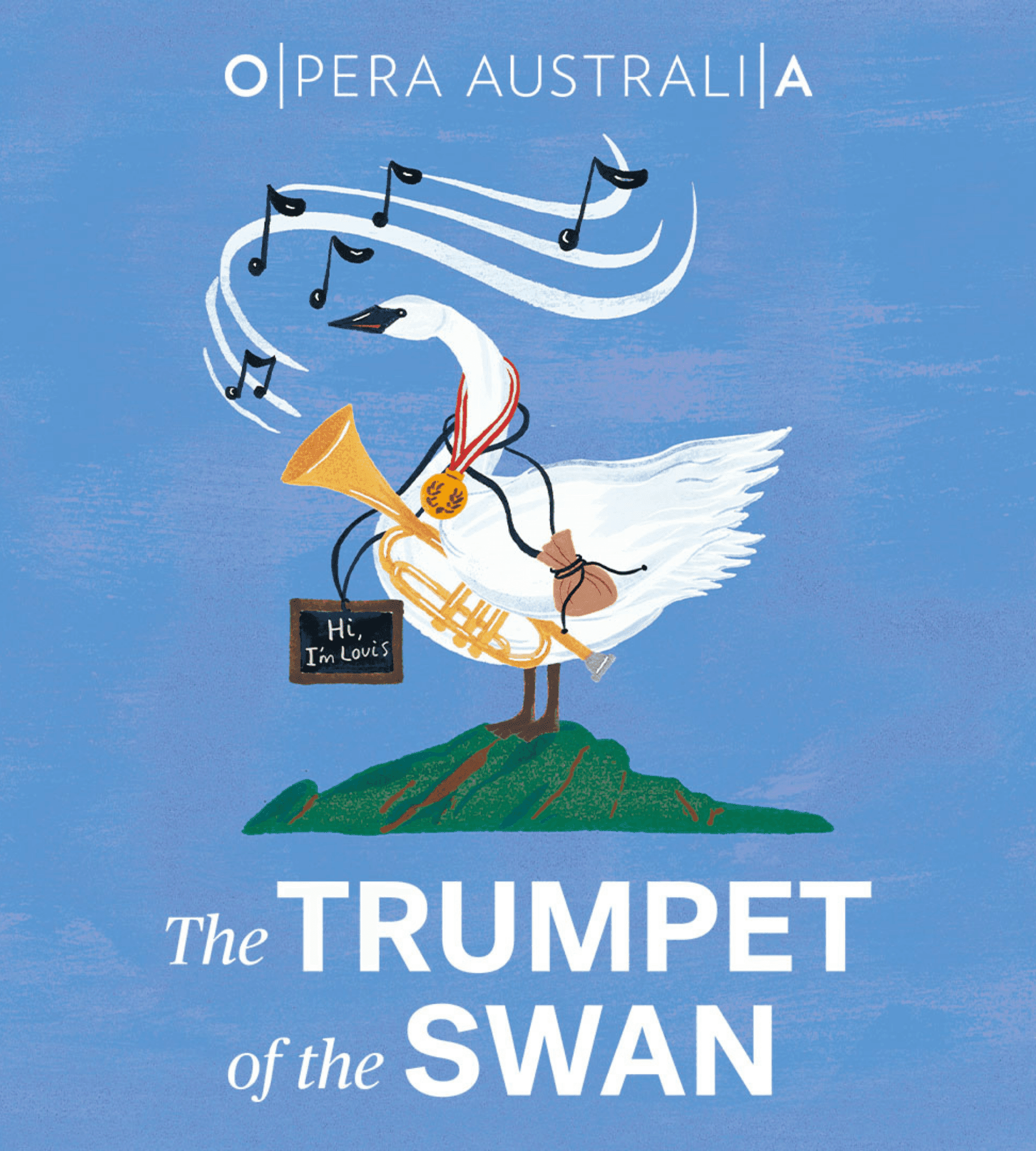 A swan plays a golden trumpet with musical notes, advertising Opera Australia's 'The Trumpet of the Swan'.