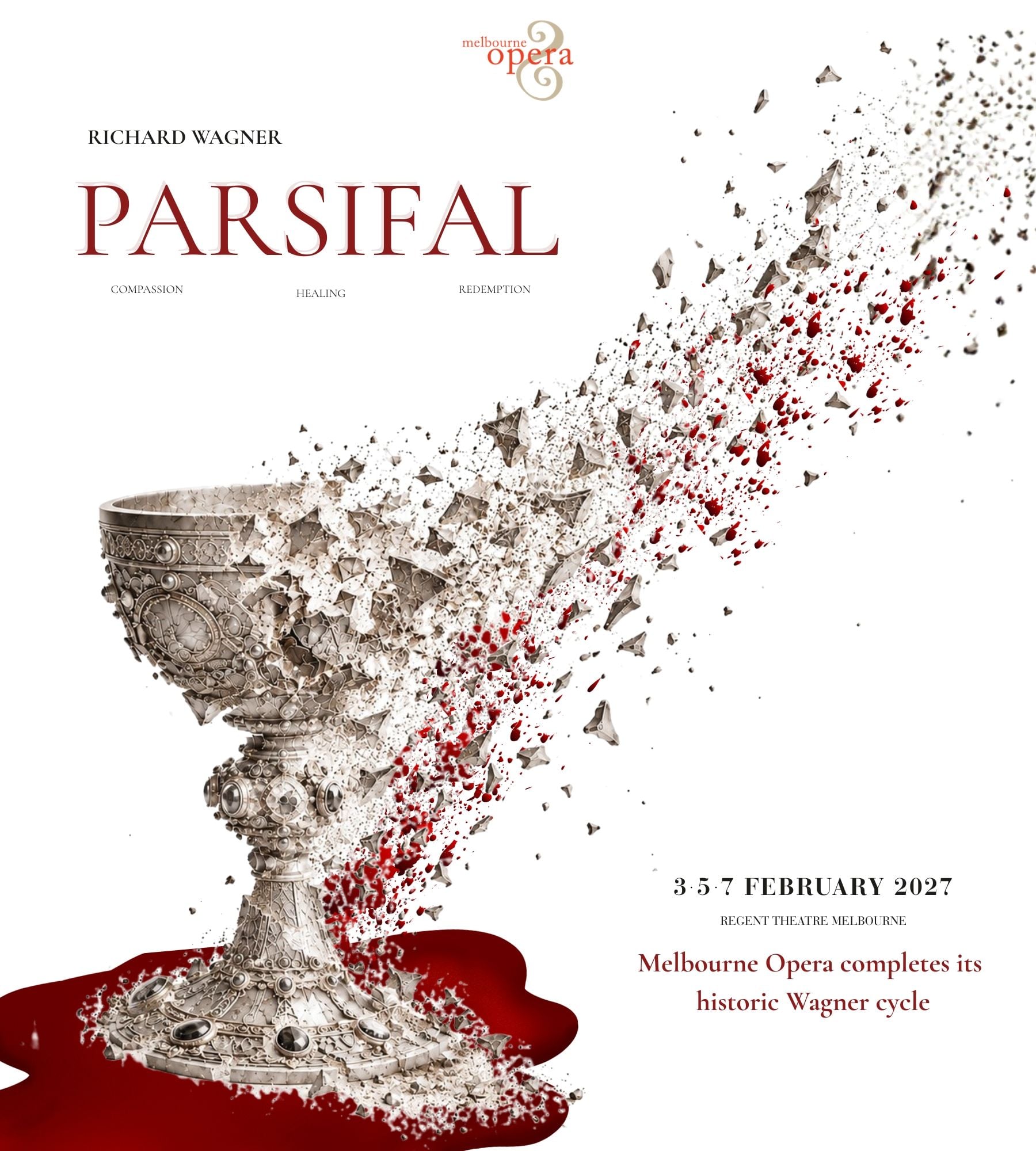 Shattered silver chalice with fragments exploding upwards and red liquid spilling.