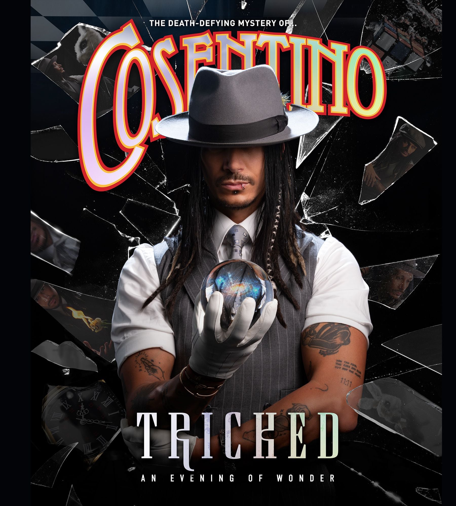 Magician Cosentino holds a crystal ball amidst shattered glass, promoting 'Tricked'.