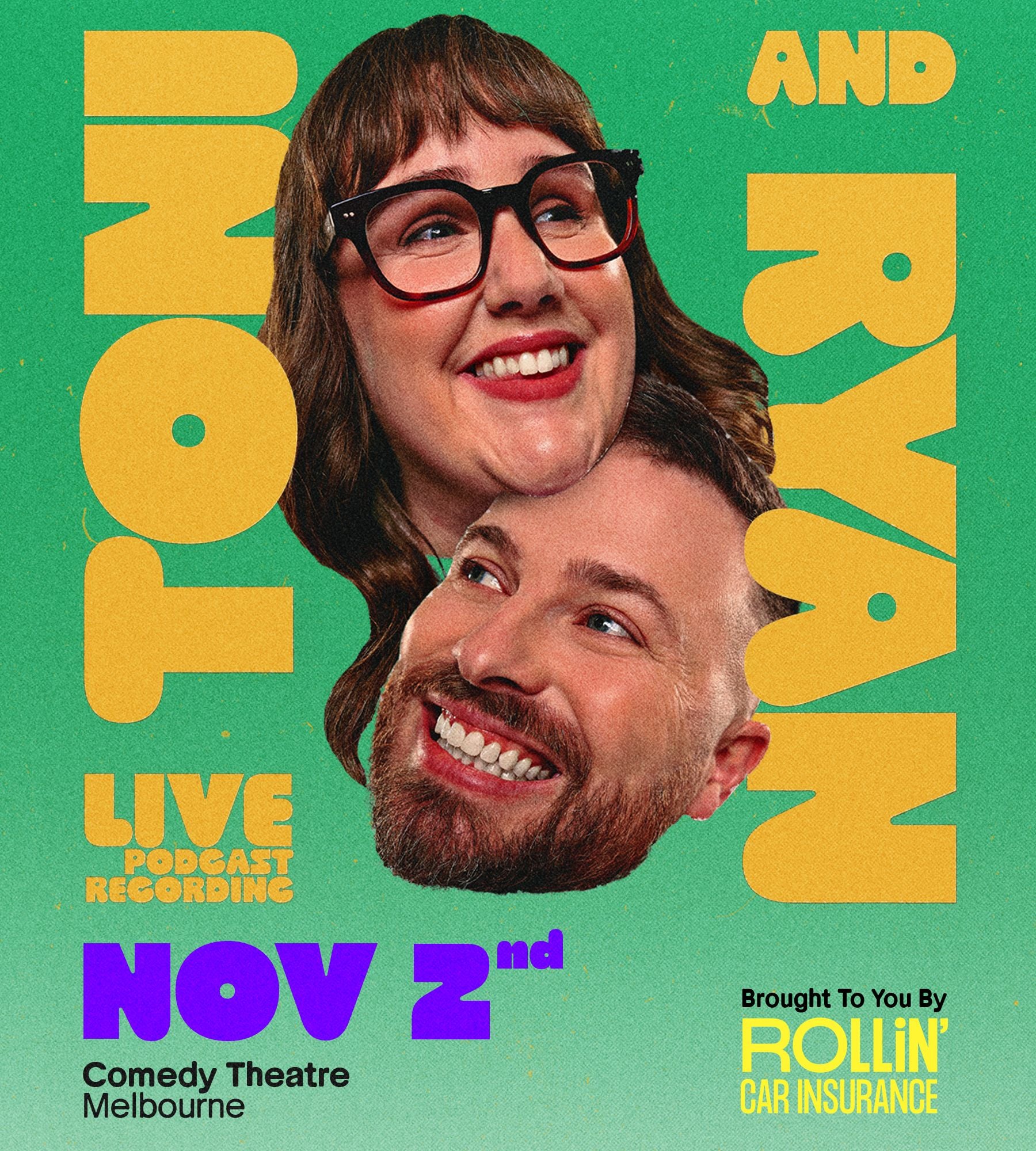 Promotional poster for Toni and Ryan's live podcast recording event on November 2nd.