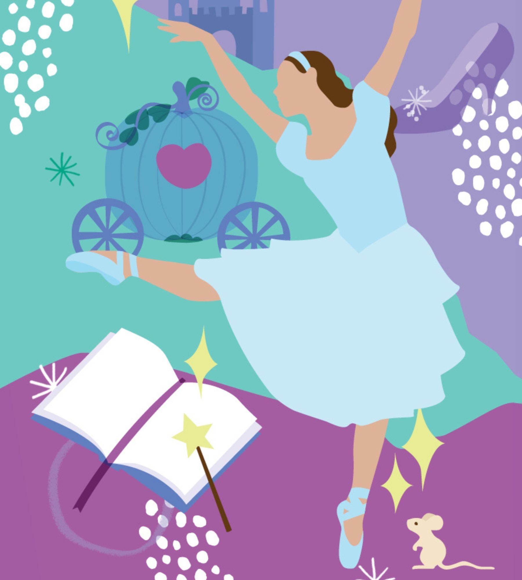 Ballerina dancing in a magical fairytale setting with a Cinderella carriage and open book.