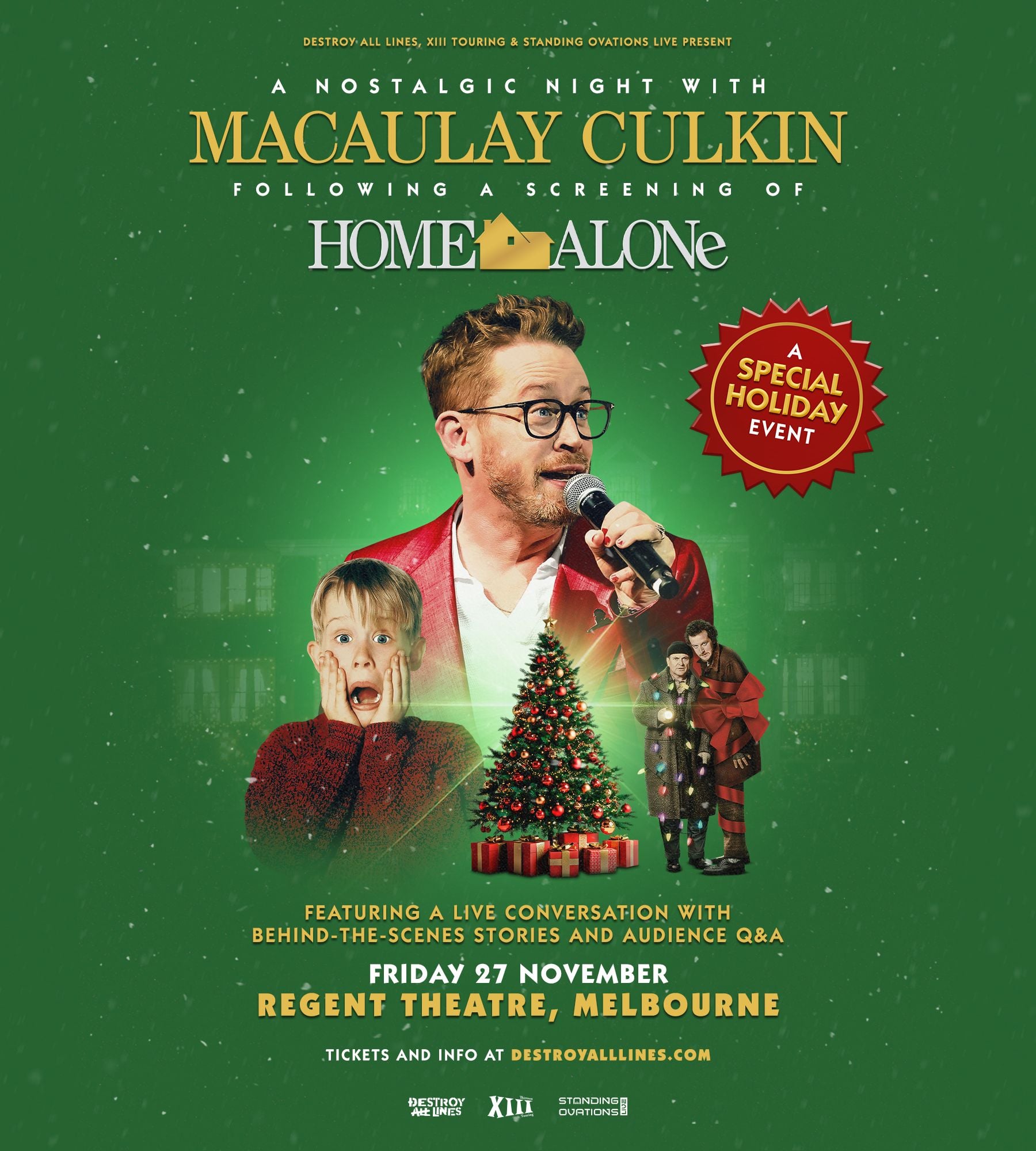 Promotional poster for 'A Nostalgic Night with Macaulay Culkin' and Home Alone screening.