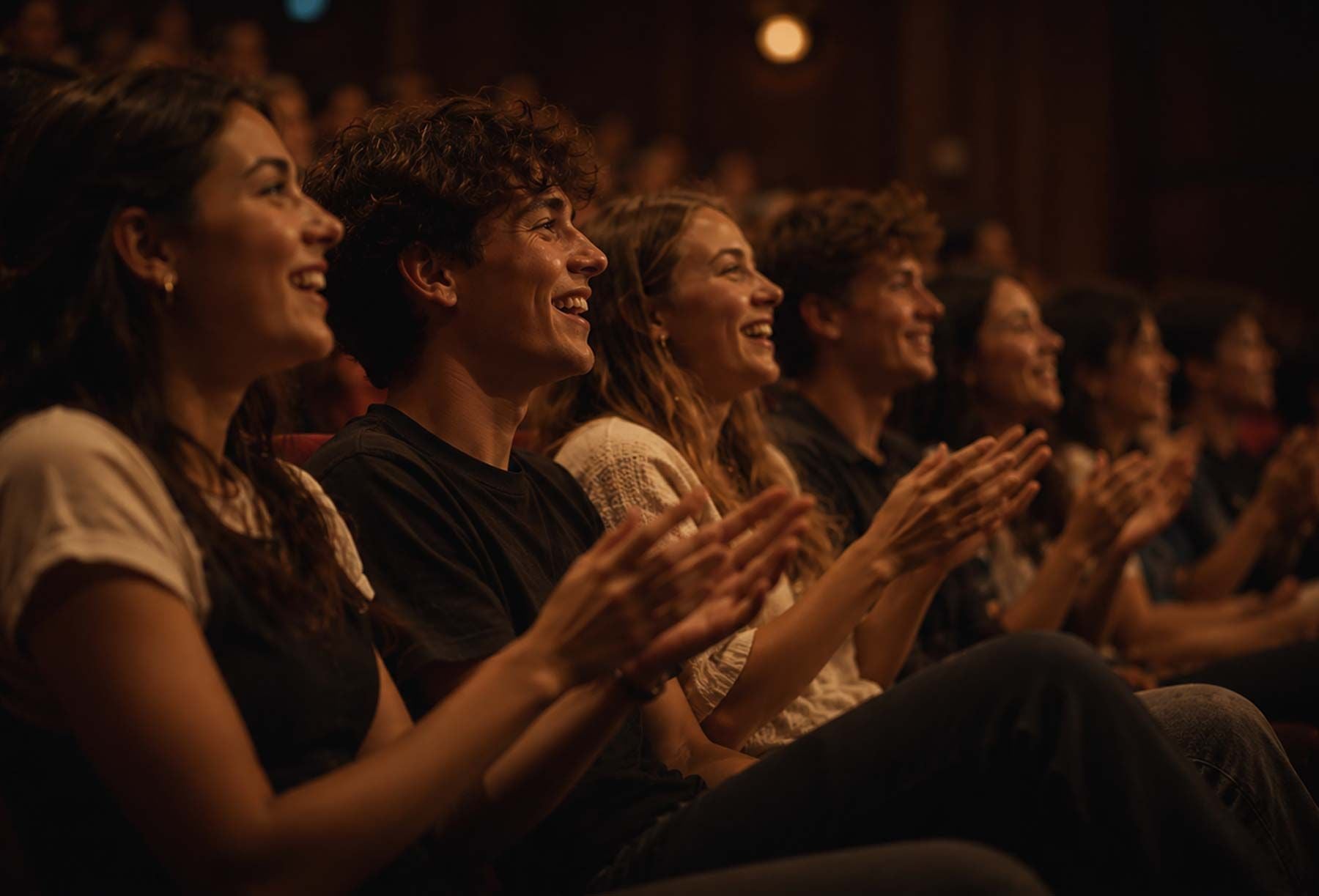 Audience members, smiling and clapping, enjoy a performance in a dimly lit theater.