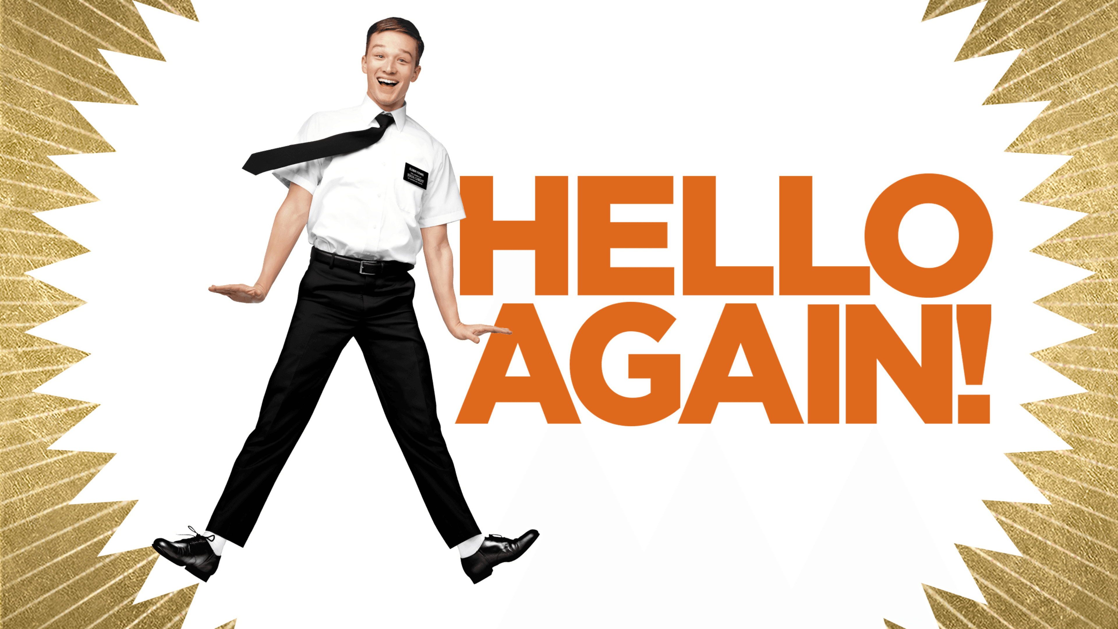 A smiling missionary jumps excitedly next to orange text that reads 'HELLO AGAIN!'