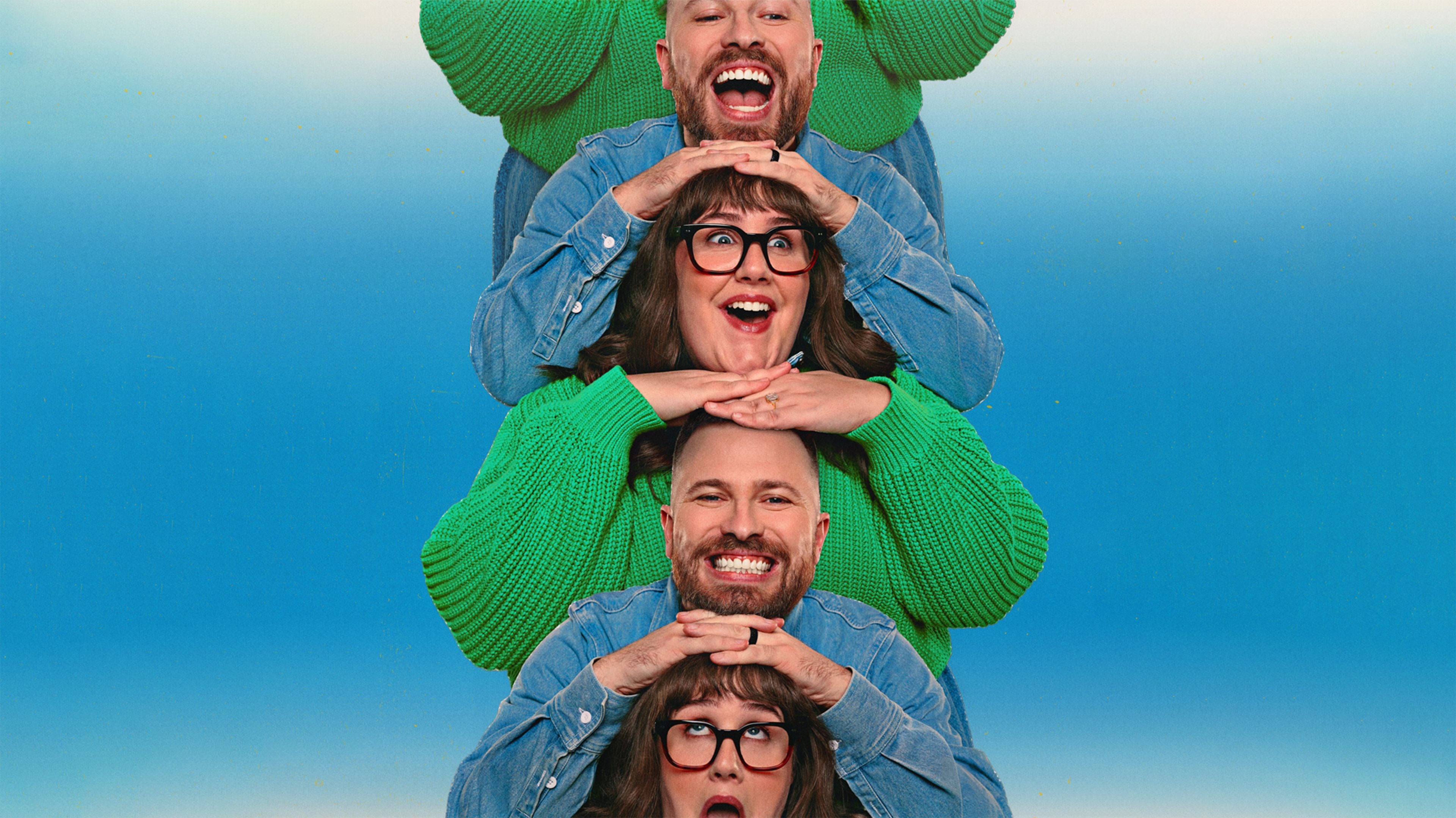 Alternating bald men and women in glasses stacked vertically, all laughing with open mouths.