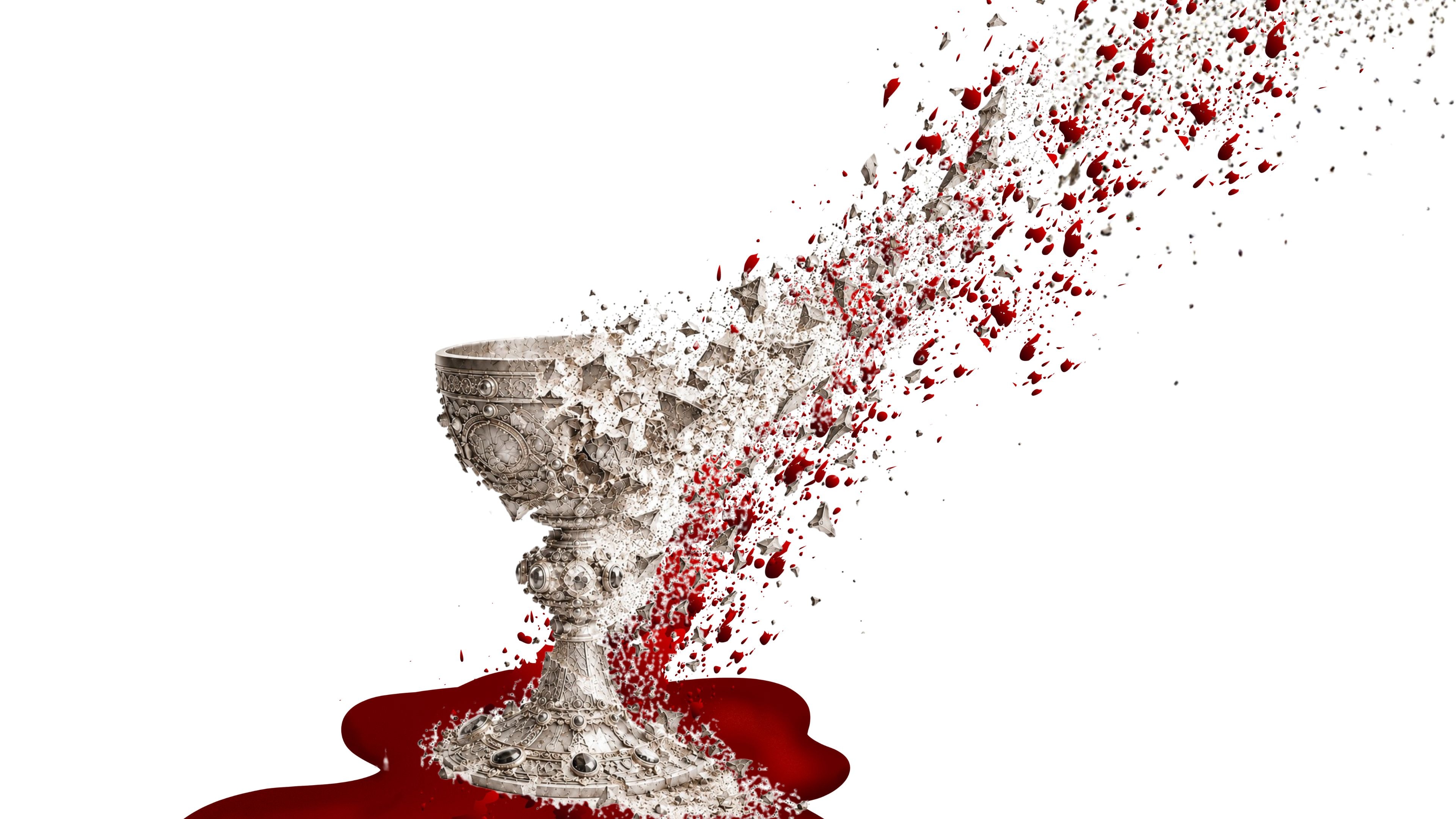 A textured chalice disintegrates into fragments, with red blood splattering around and beneath it.