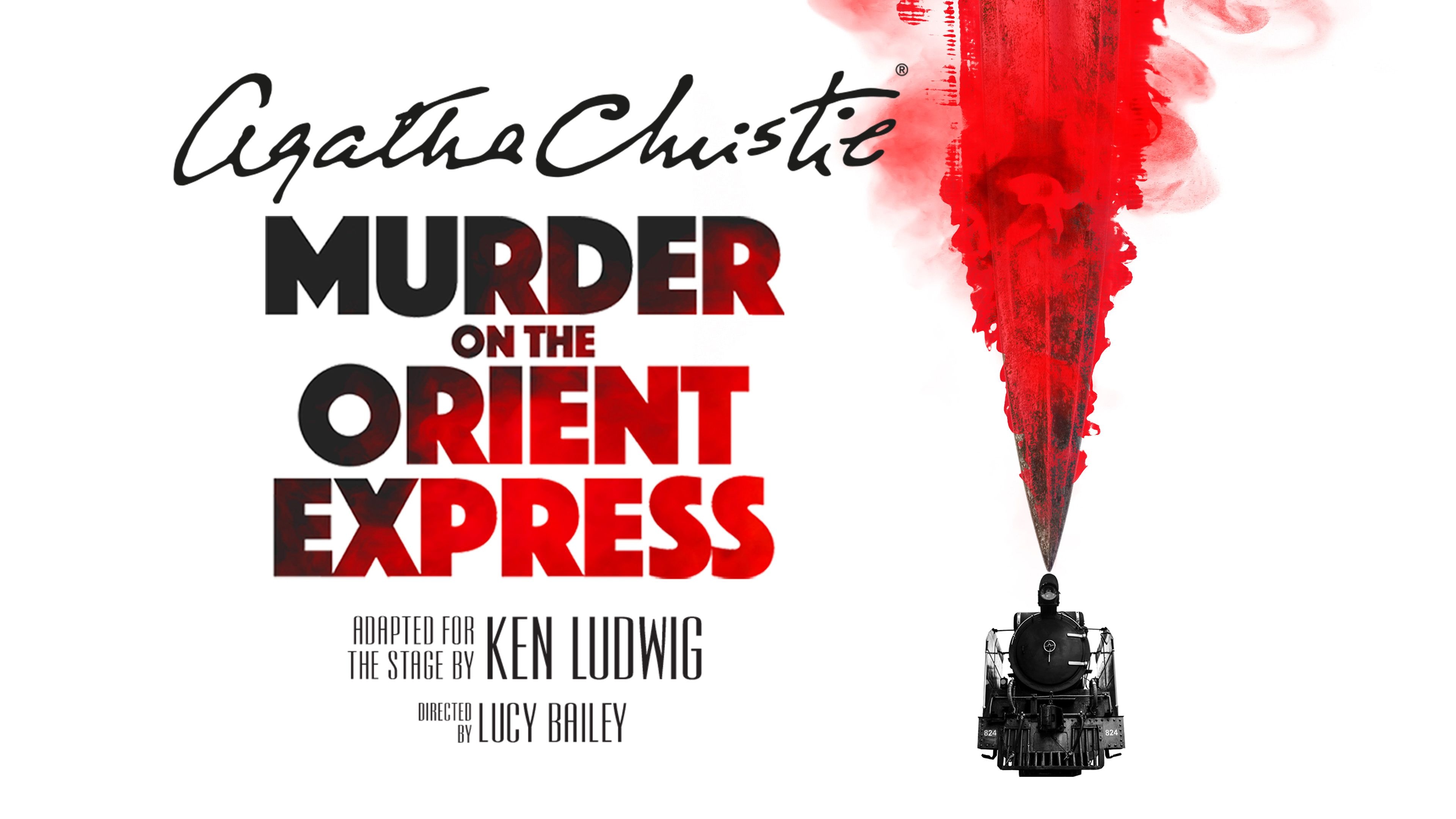 Promotional graphic for Agatha Christie's Murder on the Orient Express with a train and red smoke.