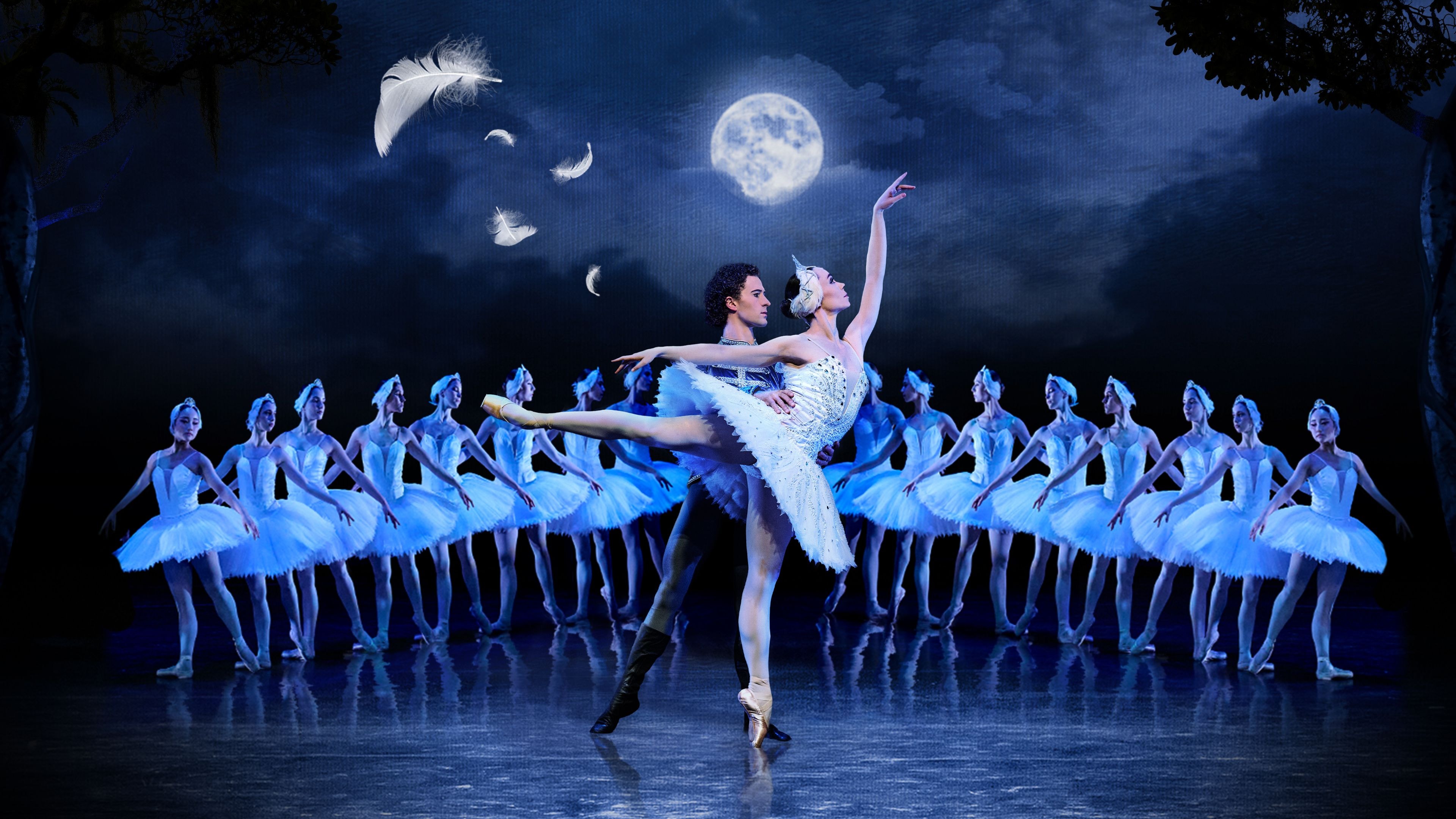 Two lead ballet dancers perform before an ensemble under a glowing full moon.