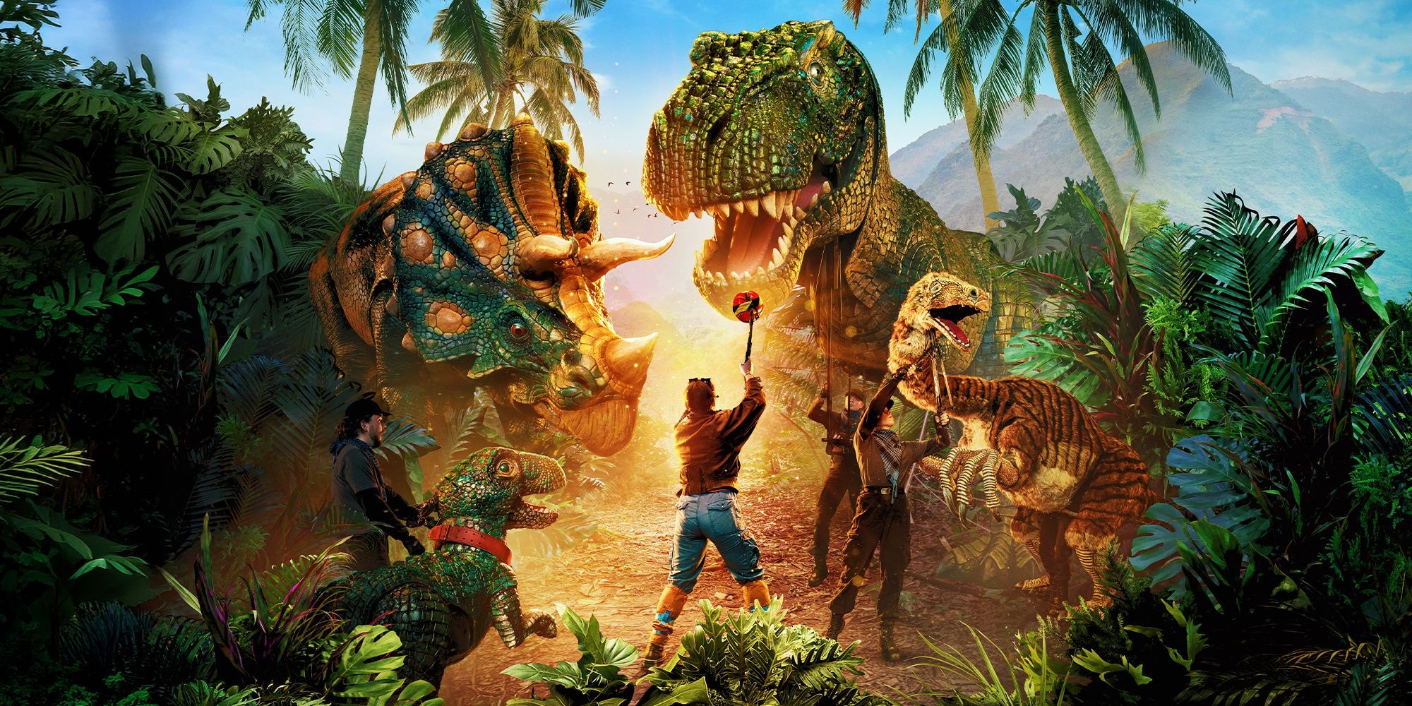 Humans fight giant dinosaurs and raptors in a dense jungle with mountains.