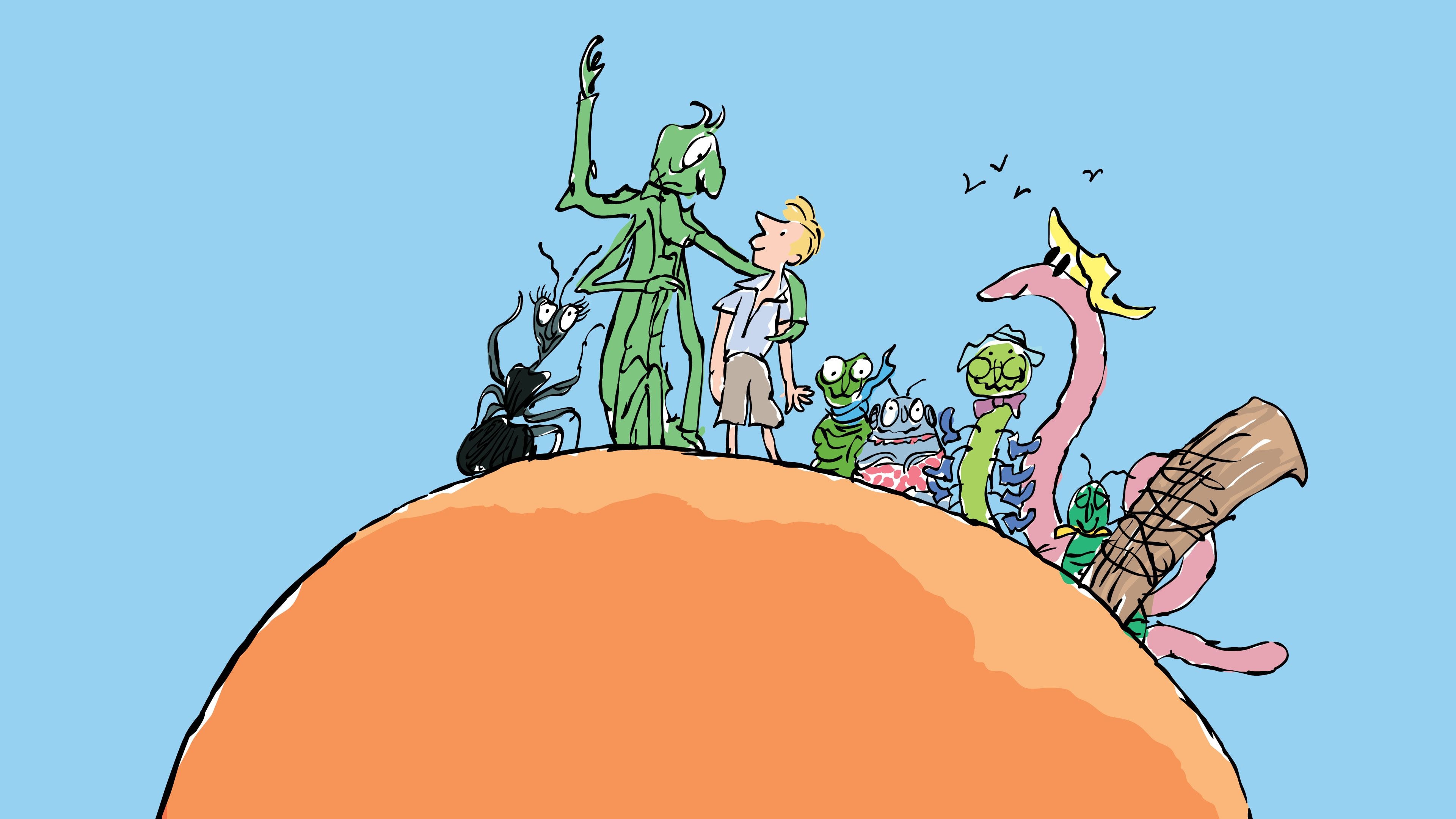 A boy and insects stand on a giant orange fruit under a clear blue sky.