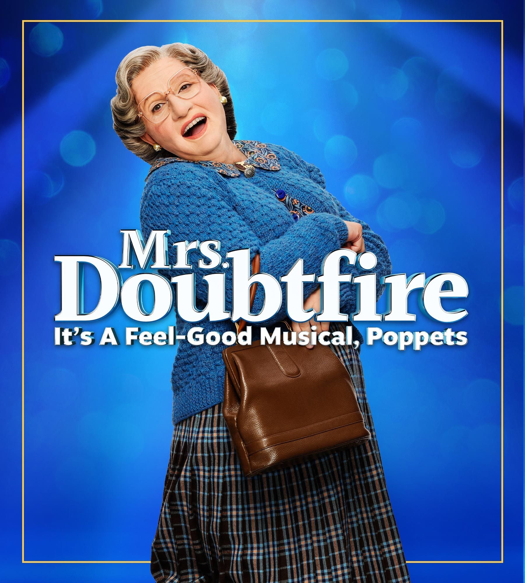 Smiling Mrs. Doubtfire musical character in blue cardigan, plaid skirt, with a brown purse.