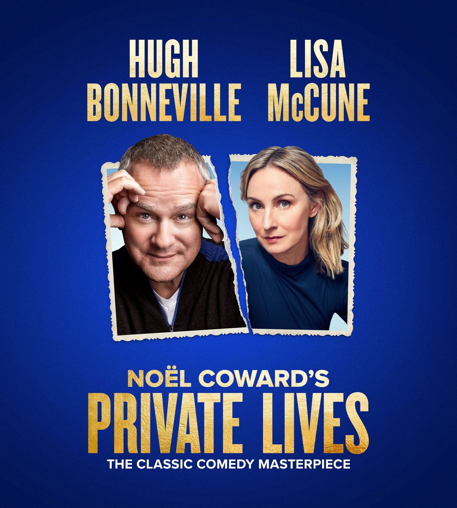 Hugh Bonneville and Lisa McCune in split headshots for Noël Coward's Private Lives.