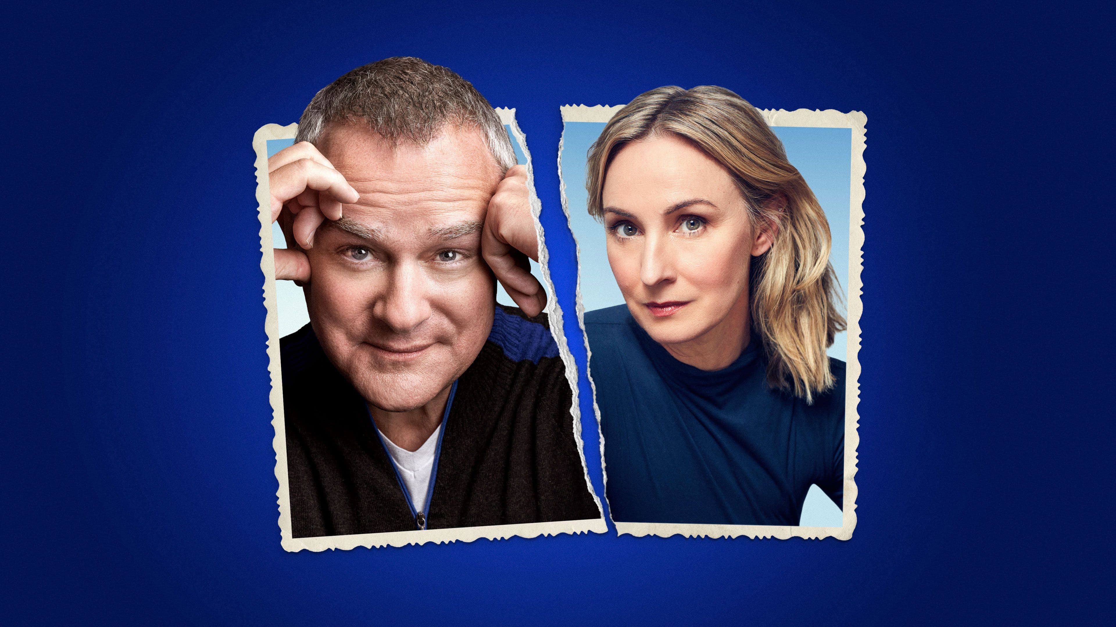 Split portrait of a man and a woman torn down the middle on a blue background.