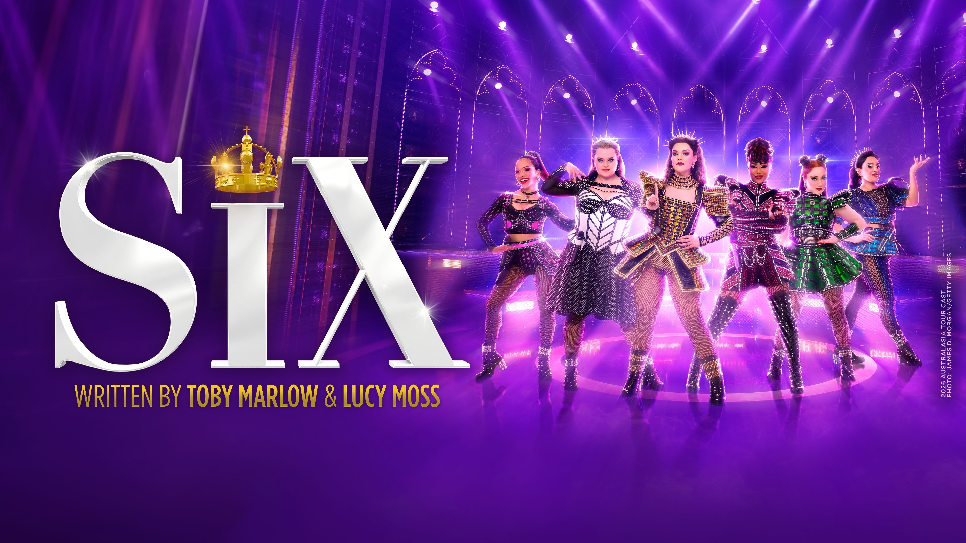 Six musical logo with six women in vibrant, modern historical costumes on a purple stage.