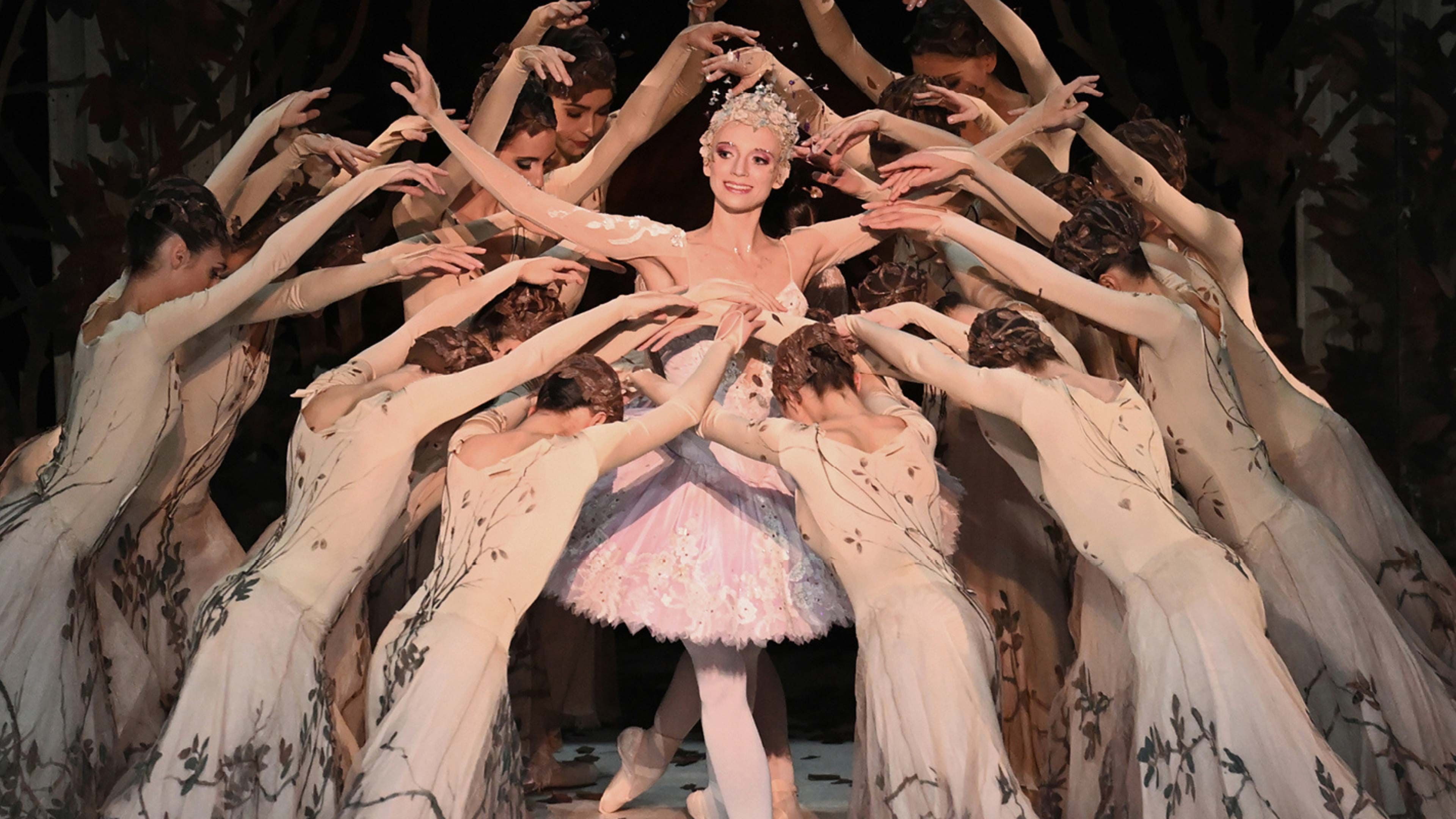 Prima ballerina in pink tutu encircled by dancers in white dresses with raised hands.