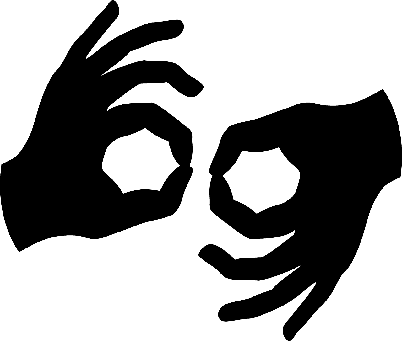 Two black silhouette hands forming "OK" signs, symbolizing sign language and accessibility.